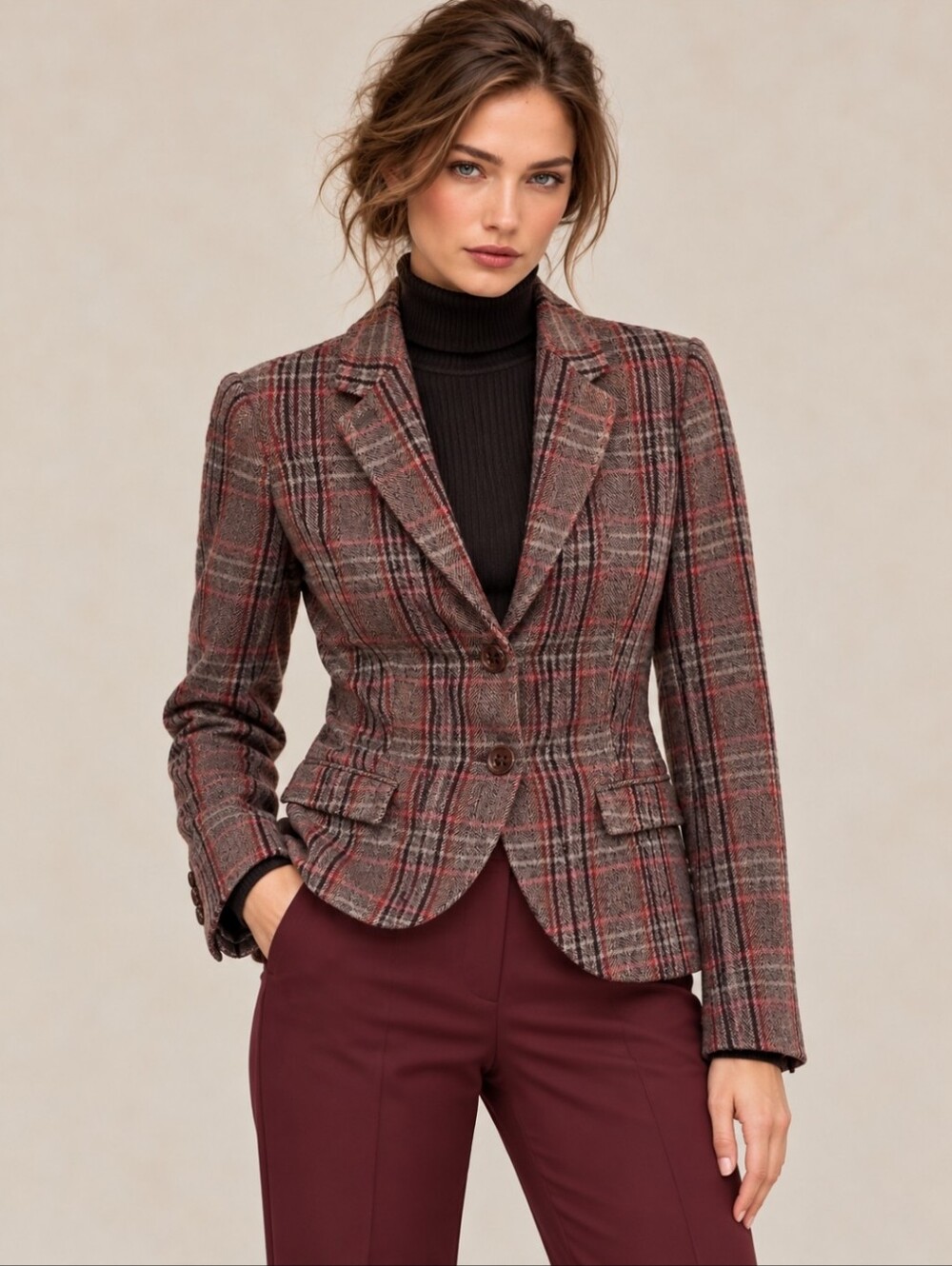 Esprit Plaid Wool-Blend Tailored Blazer Elbow Patches